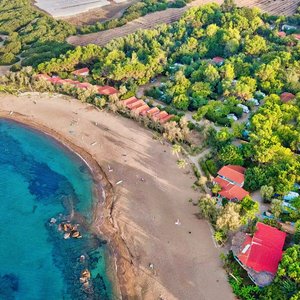 Drone view of Aginara campsite and beach