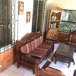 Other pics of this good accommodation with huge rooms and even bigger apartments at good prices. All rooms well protected against mosquitoes. Well equipped and even have bookcases with mostly English books. Can be noisy with families preparing for and returning from beach. Friendly staff clean rooms very (too?) thoroughly after you leave.