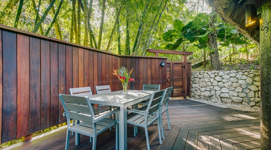 Private outdoor dining patio at our Tree Top Villas