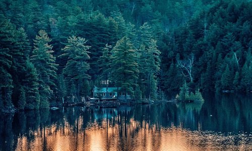 Un lac + un lever de soleil + une cabane au fond de la forêt = <3