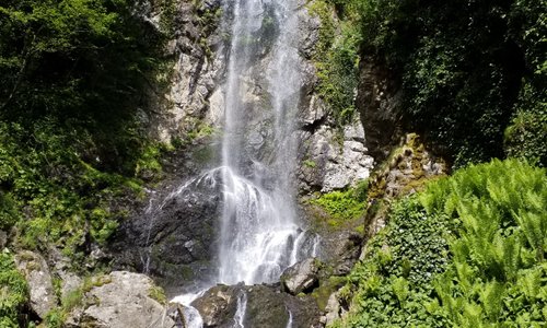 Merisi Waterfall, 
hight aprox. 60m. 

Very authentic site, fresh and cooling on hot days. Great taste of moutain water. Not touristic (yet) at all.  Aprox. 12 km from Keda, near the village Merisi. One guy, Sergo,  does all the wooden constructions work, and asks for a very small fee of 3 Lari, to visit.  I love the sound  of the  waterfall and the high ionic air as well as the sprinklers..
Werth visiting it !!!