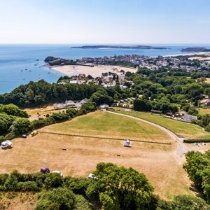 Aerial photo showing the close approximity of the campsite to the beaches and centre of Tenby. 