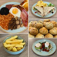 Big breakfast, Tuna sandwich, chips (gluten free), freshly made scones and eggs vegetarian.