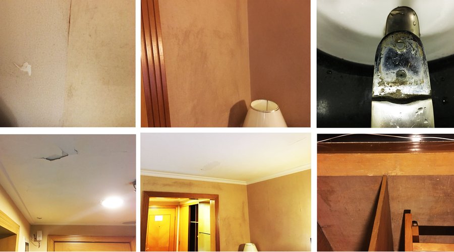 stained crumbling walls, broken faucet with something stuck on it.