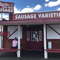 Outside the little red building
