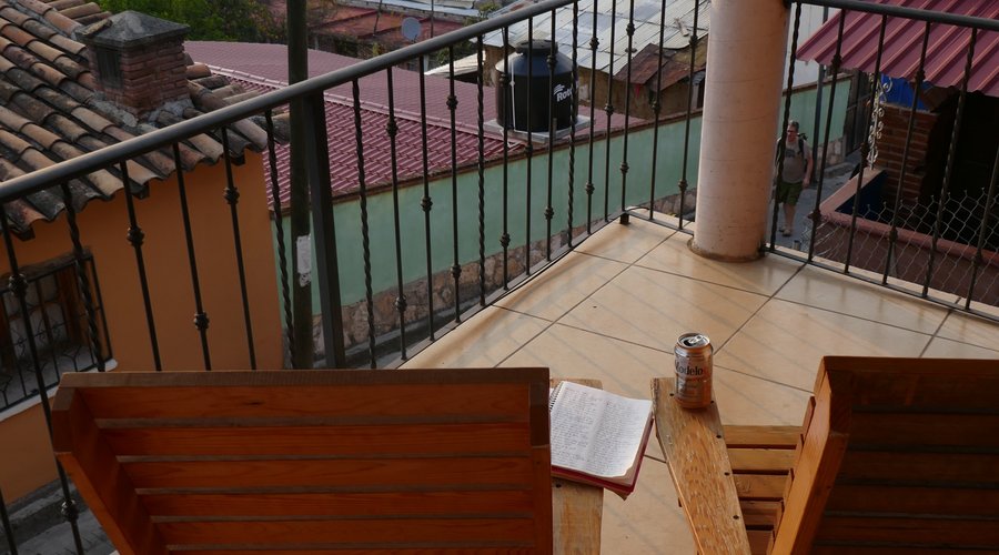 View of balcony and the church beyond.