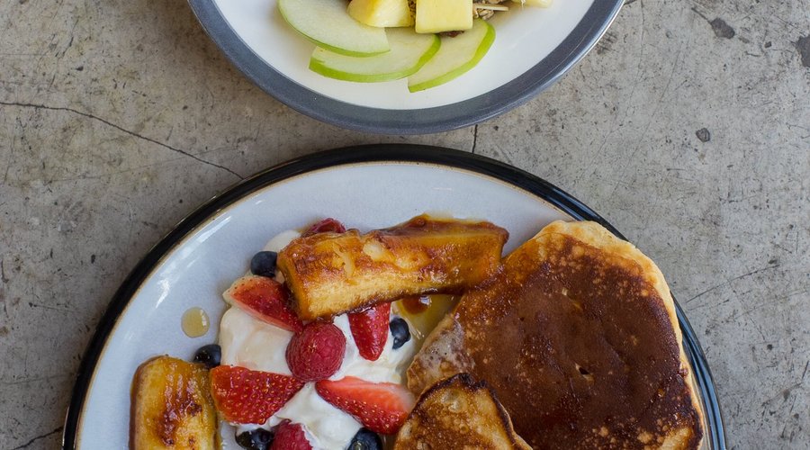 Fruit salad and buttermilk pancakes