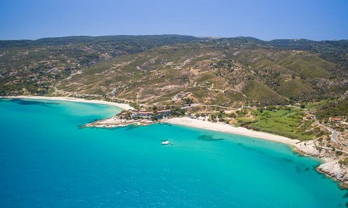 Aerial view of Livadi and Mesakti beaches, north Ikaria