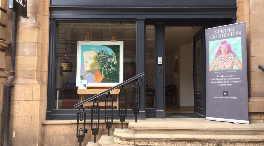 Gallery Frontage showing our Spring 2019 Exhibition with Andy Warhol in the window and image of Roxana Halls work on our exhibition banner.