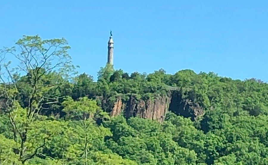 View of the Sailors' and Soldiers' monument from the road at the top of East Rock Park in New Haven, CT.