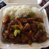 Orange chicken and steamed rice