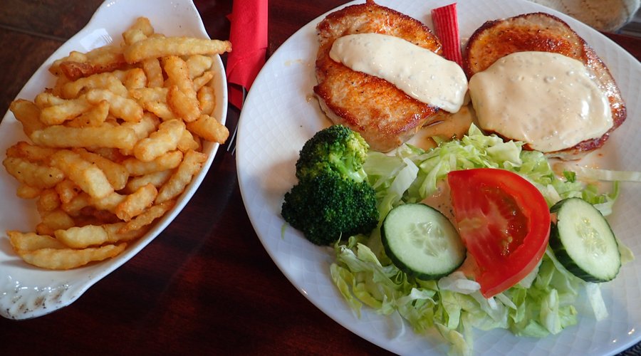 Pork with chips and salad