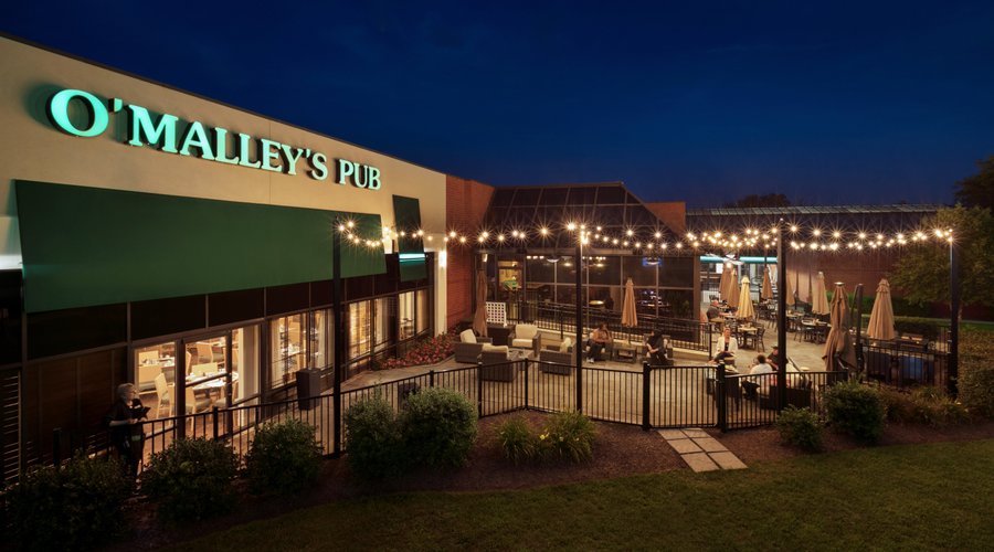 Enjoy patio seating, lawn games are our fire pit.