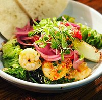 Marinated prawn and Asian vegetable bowl.