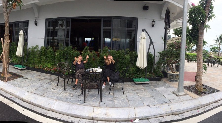 Two beautiful girls having Iced Capuccino after the morning walks.