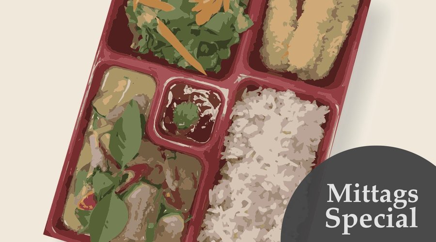 Bento Box, served with Rice, Salad, Springrolls or Crispy Shrimps and your choice of the main dishes.
