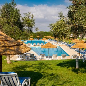Beautiful Sunbed Garden and Pool Area with Tiki Umbrellas