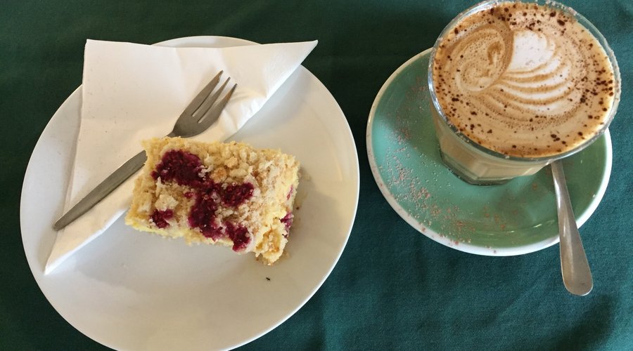 Vanilla slice and latte at the Big Love Cafe, great winter warmer!