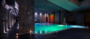Hotel Helvetia Thermal SPA in Porretta Terme, image may contain: Lighting, Pool, Water, Swimming Pool