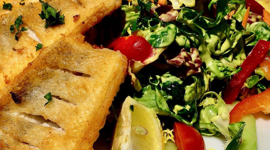 Zanderfilet mit frischen Blattsalaten und hausgemachtem Dijonsenfdressing