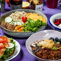 Healthy acai and salad bowls with fresh juices,shots,smoothies