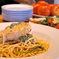 The Salmon and Spaghetti in a chipotle cream