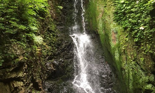 今は閉鎖されている洞窟風呂の隣にある滝