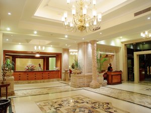 Park Prime Jaipur in Jaipur, image may contain: Chandelier, Lamp, Reception, Table