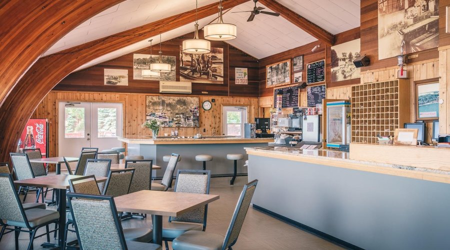 The front desk with a view of the snack bar area.
