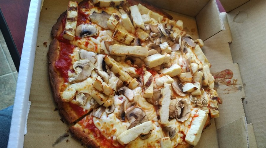 Small chicken and mushroom pizza on cauliflower crust