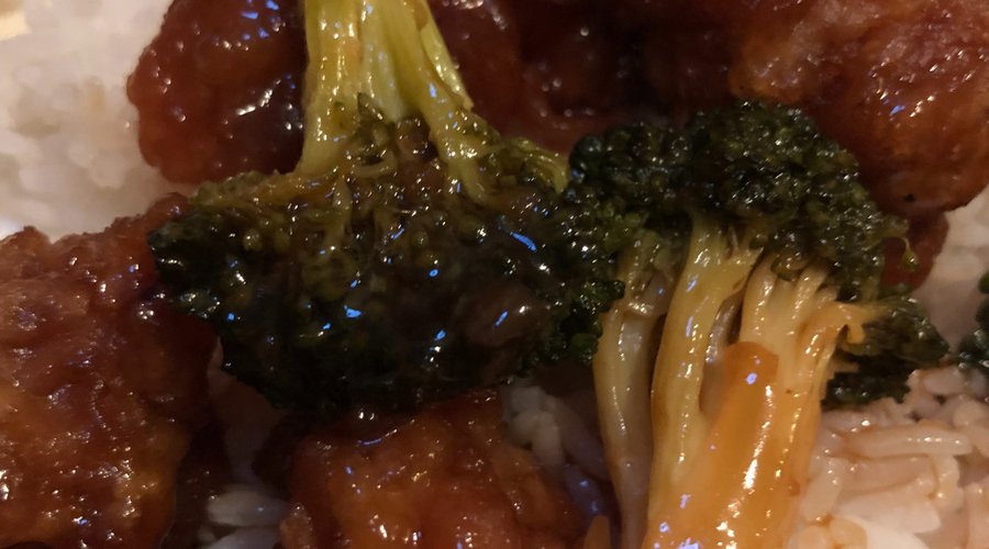 Whatever coating on chicken, that's most of the chicken-breading. The broccoli when you picked it up, bent over. It was soft, overcooked and bitter.