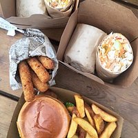 Combo burger, burritos