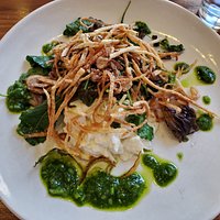 Scramble on the brunch menu with egg whites. Kale, mushrooms, chimichurri sauce.
