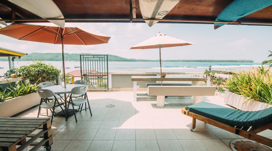 The guest terrace with a fantastic view to the surf spot "The Point" in Sorake, Nias.