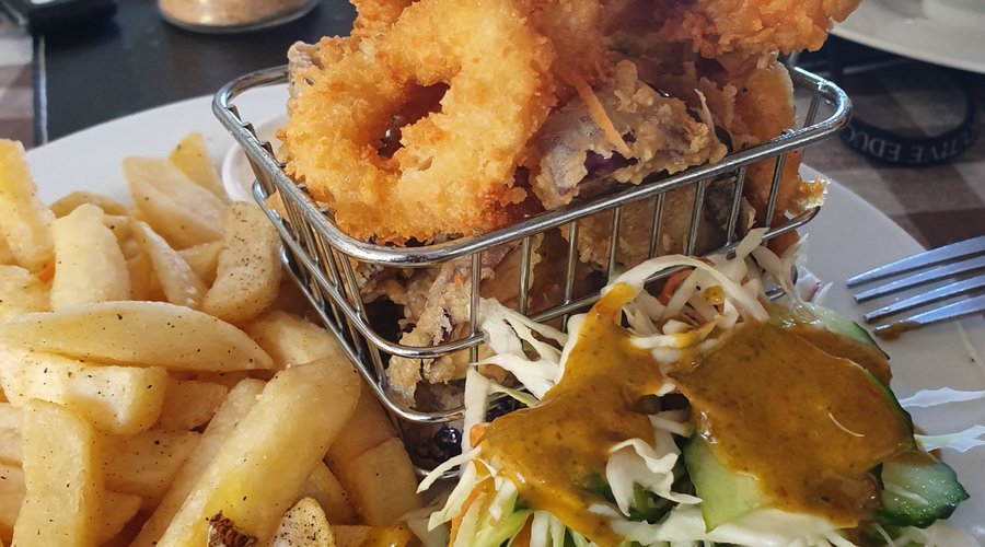 Calamari Rings and Skewered Fresh Prawns, Battered Egg Plant with Salad and Fijian Fries.