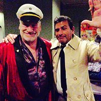 Here's two Halloween party costume winners. Me as Playboy Hugh Hefner, and my buddy Bob as detective Colombo.