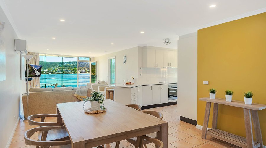Dining area overlooking lounge and kitchen area