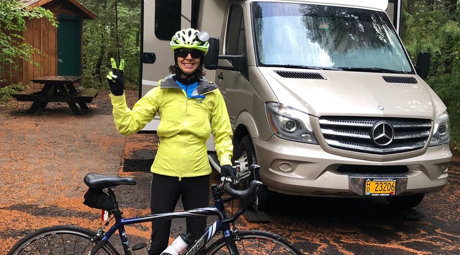 My wife preparing to ride Day 2 of Cycle Oregon:  Rainbow to Sisters via Makenzie Pass