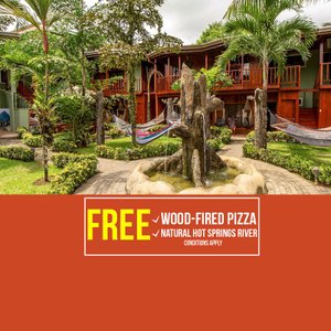 Arenal Hostel Resort, just in the heart of La Fortuna Downtown, Free Wood-Fired Pizza for private rooms and Free Hot Springs River Shuttle for every one!
