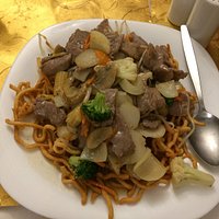 Beef chow mien complete with crunchy noodles to add the perfect texture
