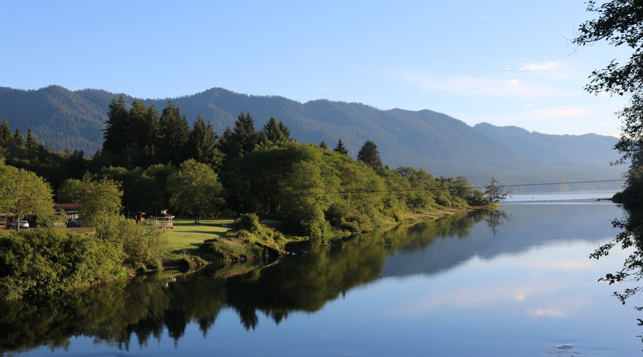 View of the riverfront  and into Lake Quinault. 