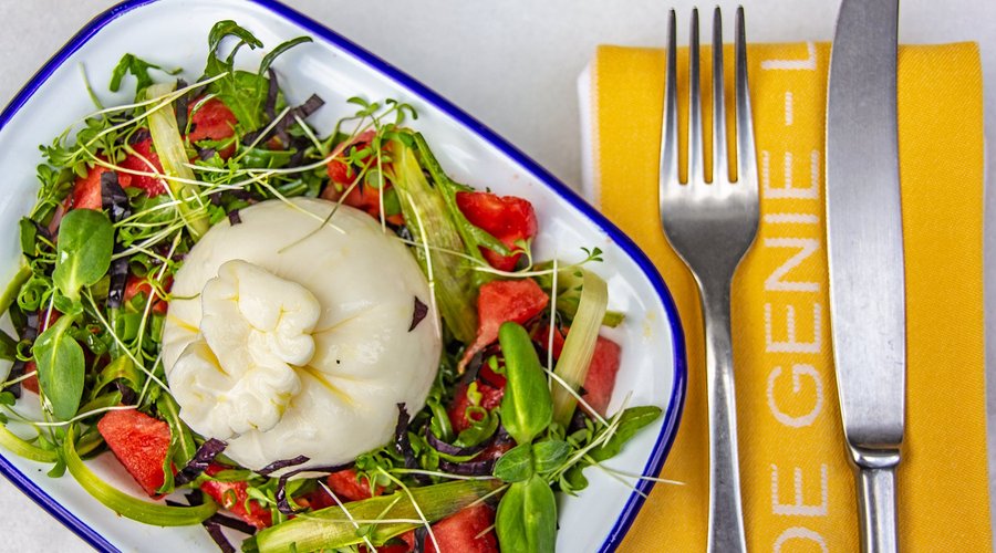 BURRATA LEGAL - harmonious combination of a salad and a cheese burrata, made from cream and a mozzarella. Its soft structure and healthy ingredients of a salad, created from skinless tomato, asparagus, and strawberry makes a balanced taste!
