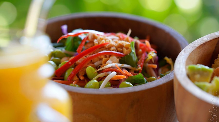 Rainbow salad- Rocket, red cabbage, carrots, beansprouts, edamame and sliced red chilli served with Asian sesame dressing and crushed peanuts