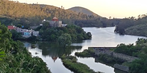 The church is almost completely surrounded by the lake.