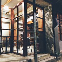 Front door at night.