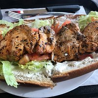 Chicken Souvlaki on Bun. Lots of chicken and creamy tzatziki. Fantastic.
