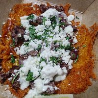 Cheesy steak deliciousness. Gluten-free cheese taco shell with filet mignon carne asada taco. Boom!