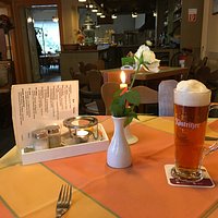 Cheery table setting, good beer!