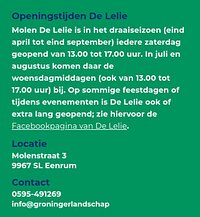 Openingstijden van Molen de Lelie! Deze kunnen niet goed verwerkt worden in TripAdvisor.
