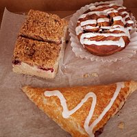 Coffee cake, cinnamon rolls, blueberry turnover